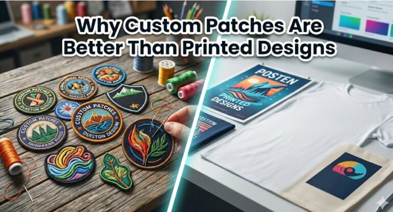 A split-panel comparison image contrasts the benefits of custom embroidered patches with the flat-textured printed designs.